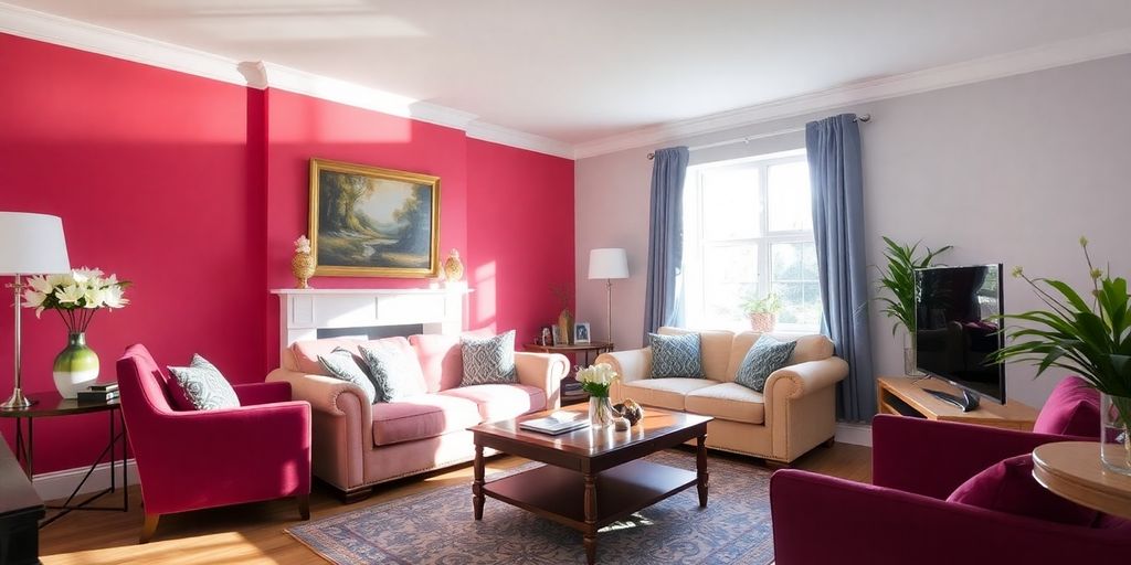 Stylish living room with vibrant paint and decor.