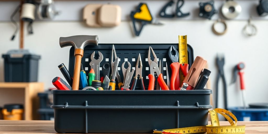 Close-up of a toolbox with essential repair tools.