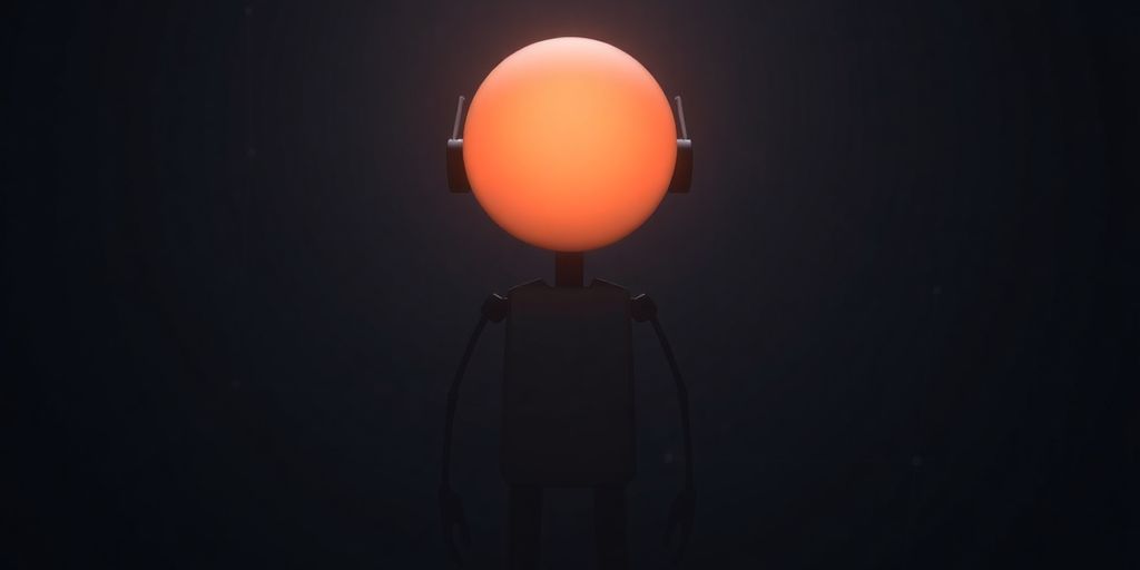 Minimalistic robotic figure, glowing brain, digital network, clean lines.