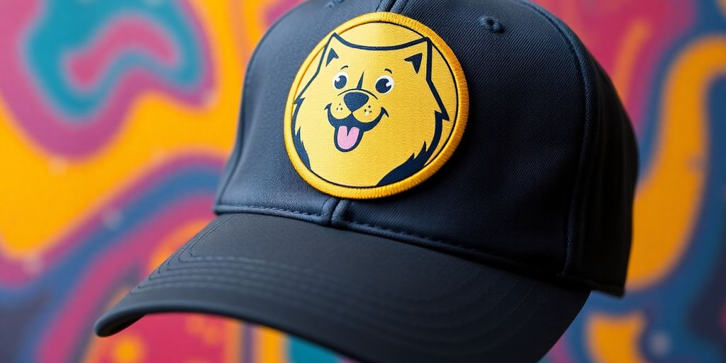 Dogecoin dad hat on a colorful background.