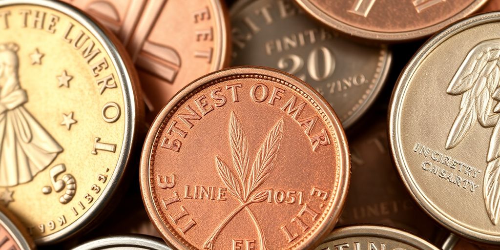 Close-up of graded wheat pennies with distinct features.