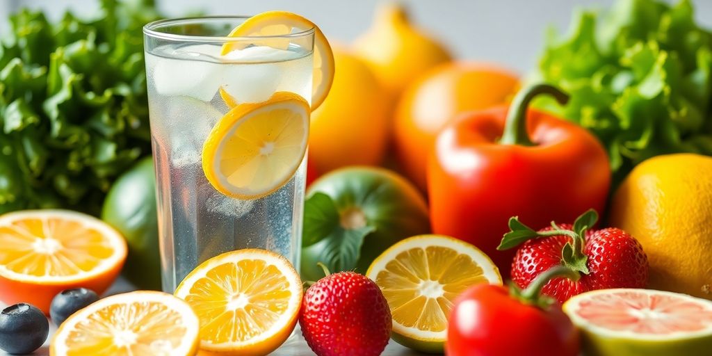 Glass of water with lemon and fresh fruits.