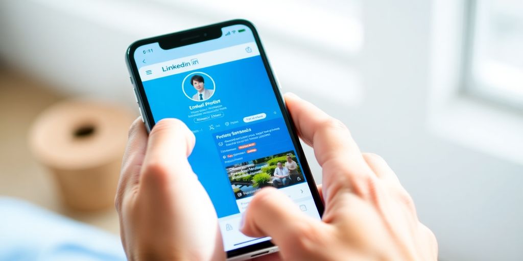 Person holding phone with LinkedIn profile.