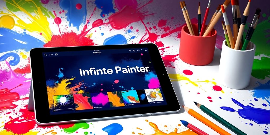 Tablet with Infinite Painter and colorful art supplies around.