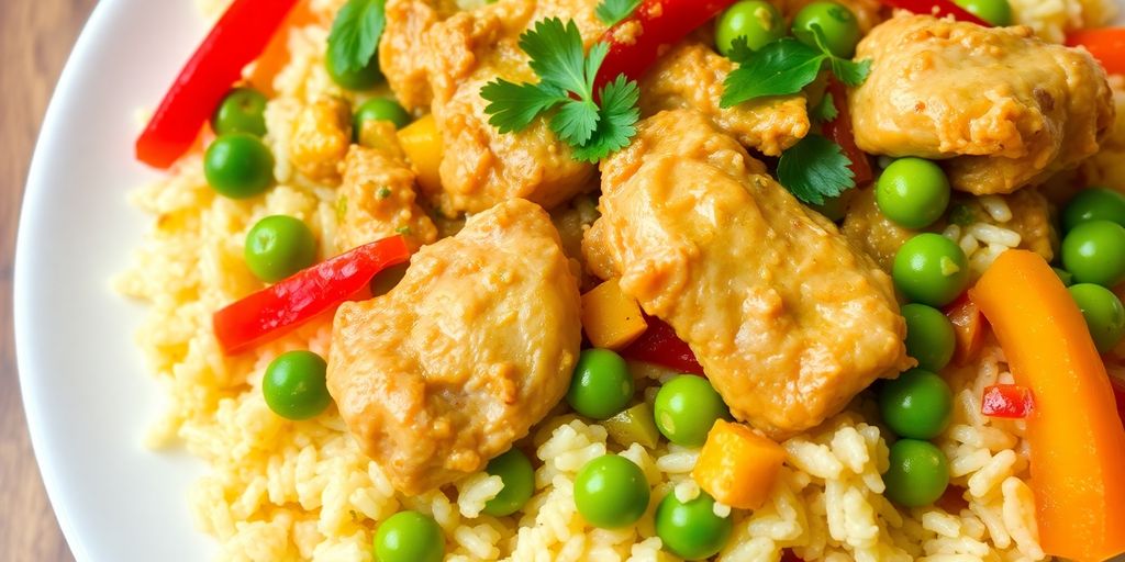 Plato de arroz con pollo y verduras colorido y sabroso.