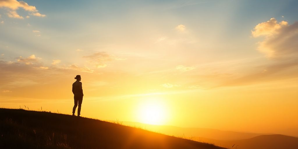 Silhouette on a hill at sunrise, symbolizing hope.