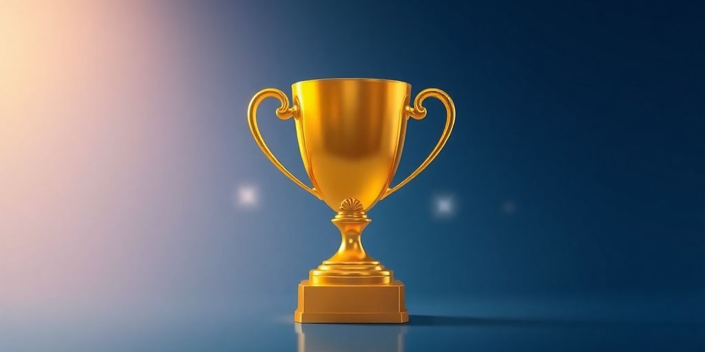 Golden trophy with glowing light.