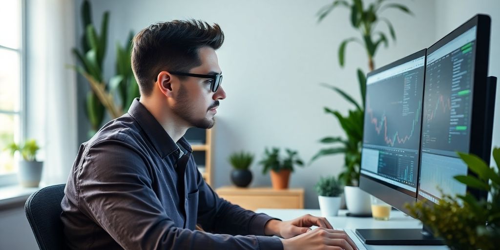 Trader at desk with computer, focusing on options trading.