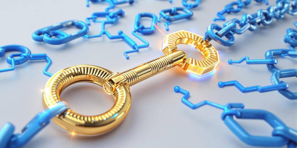Golden key unlocking a door with digital links.