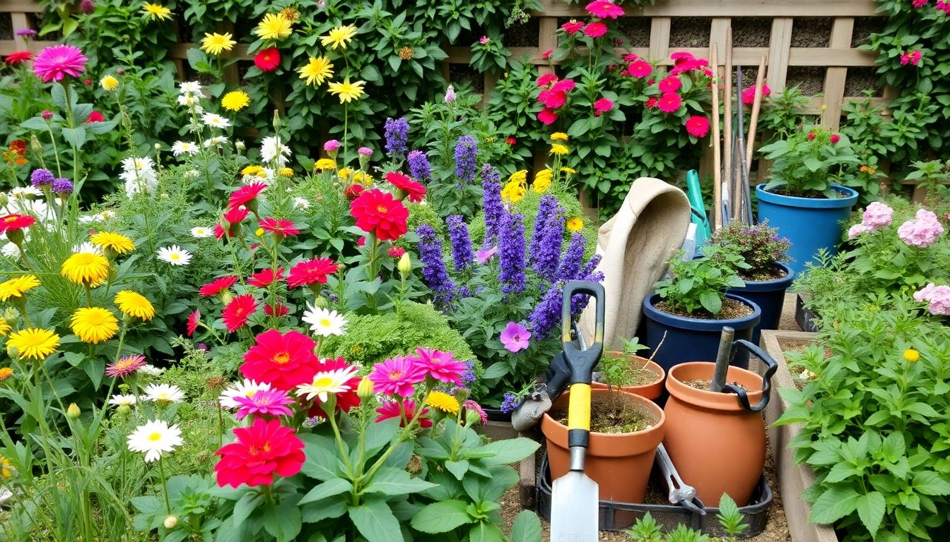 Colourful London garden with seasonal flowers and greenery.