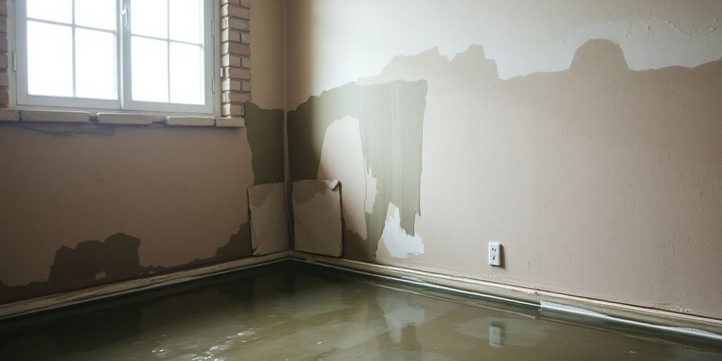 Water-damaged home interior with damp walls and floors.