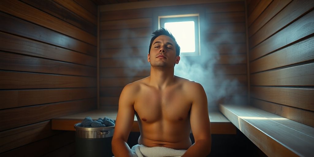 Man relaxing in warm wooden sauna room