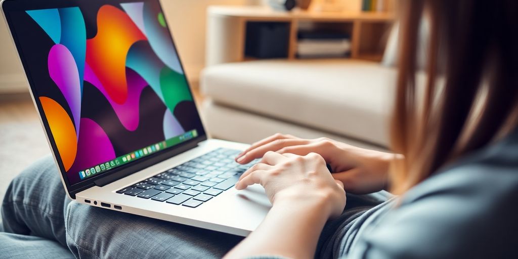 Person working remotely on a laptop with a vibrant background.