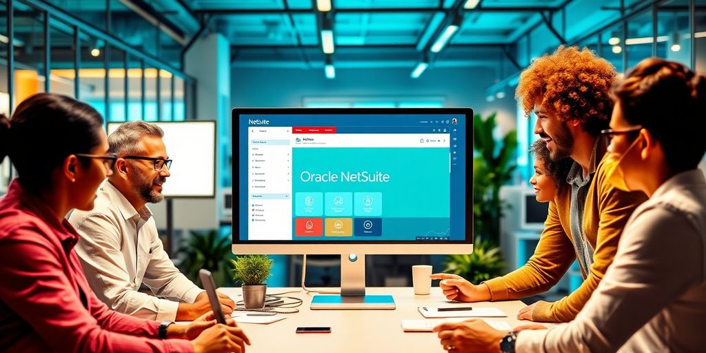 Diverse team collaborating in a modern office with technology.