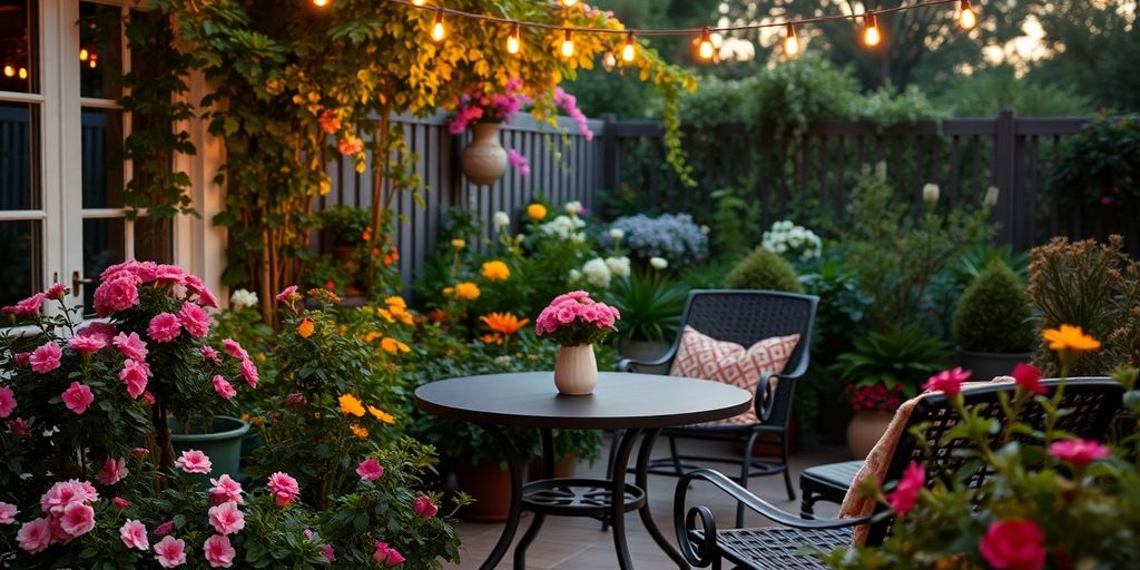 Gemütlicher Garten mit Blumen und Lichtern