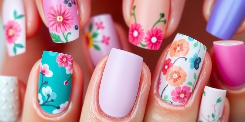 Unhas decoradas simples em cores vibrantes e designs variados.