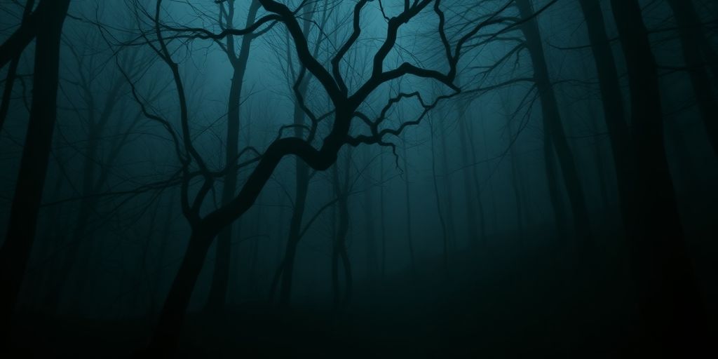 Düstere Waldlandschaft mit Nebel und schattigen Bäumen.