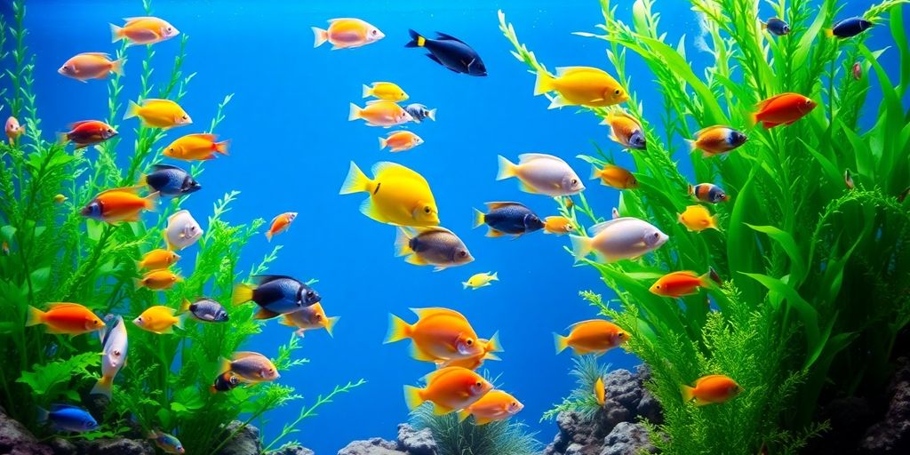 色彩斑斓的热带鱼在郁郁葱葱的水族箱中游泳。