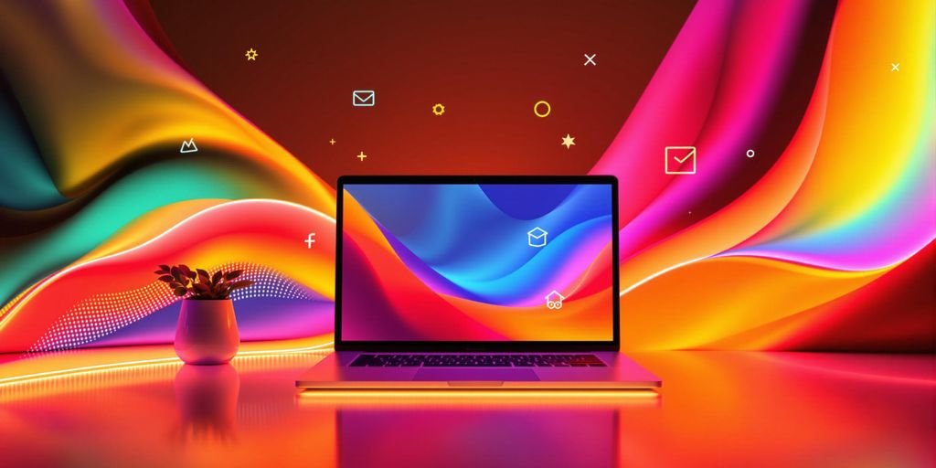 Digital workspace featuring sleek laptop and creative digital product icons.