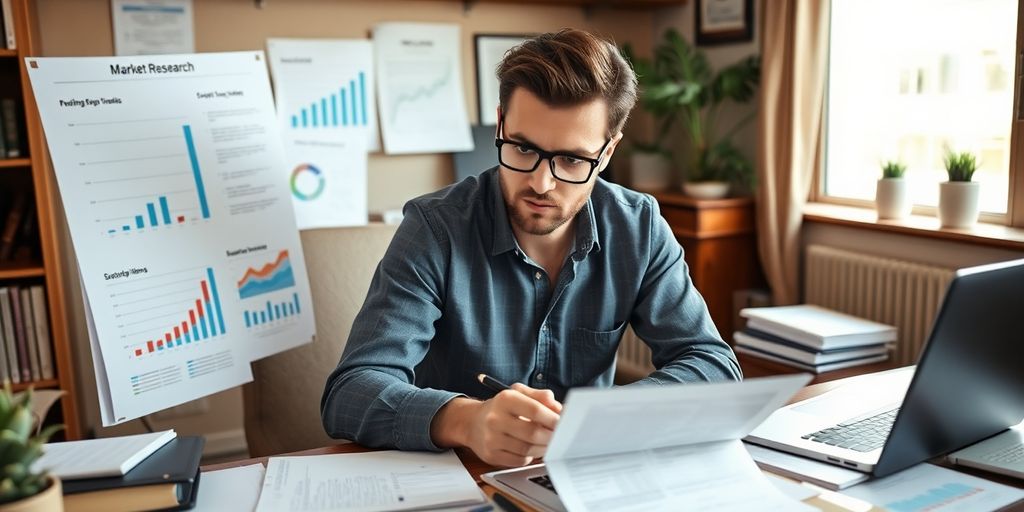 Small business owner reviewing market research in an office.