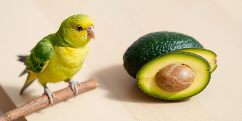 Green parrot perched beside halved avocado on wooden branch outdoors.