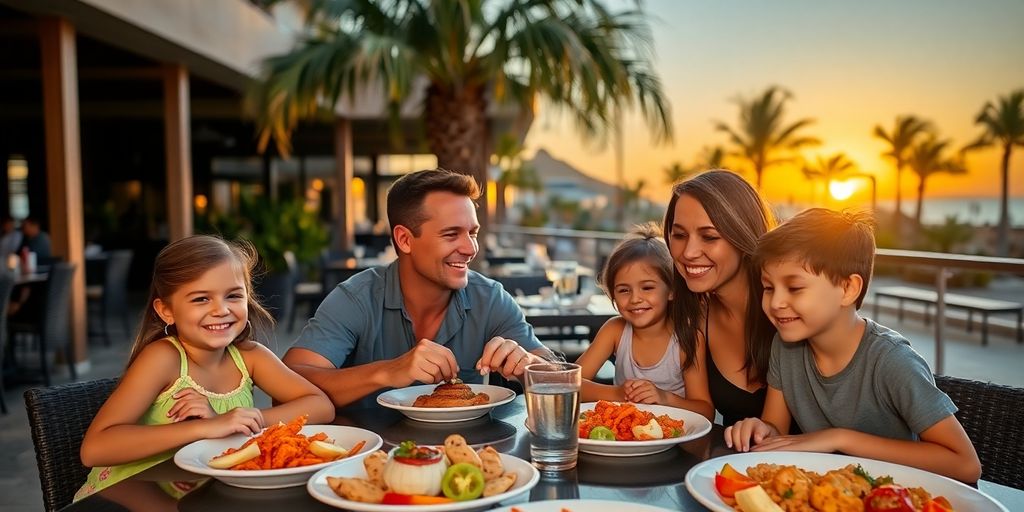 Family happily eating dinner at a restaurant in Cabo.