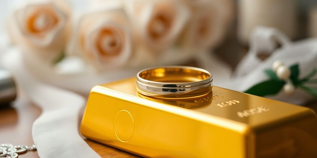 Anneau de mariage et or sur fond flou.
