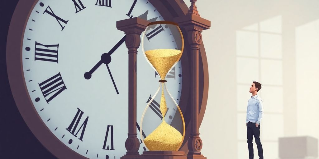 Clock with flowing sand, a person considering options