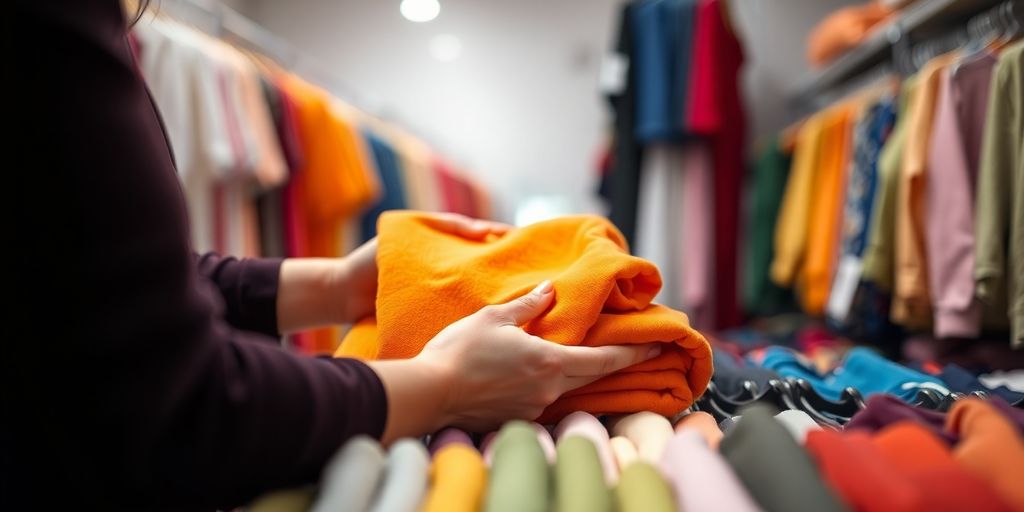 Woman sorting clothes in a consignment shop.