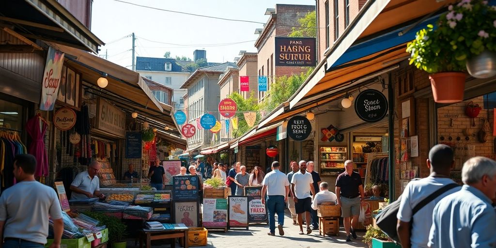 A bustling local market with colorful shops and customers.