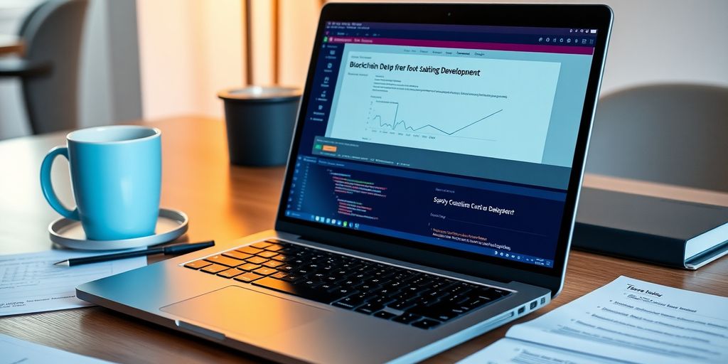 Laptop with blockchain development platform and coding notes.