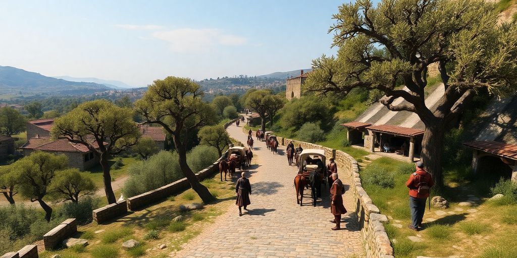Voies médiévales pavées avec caravanes et gardes.