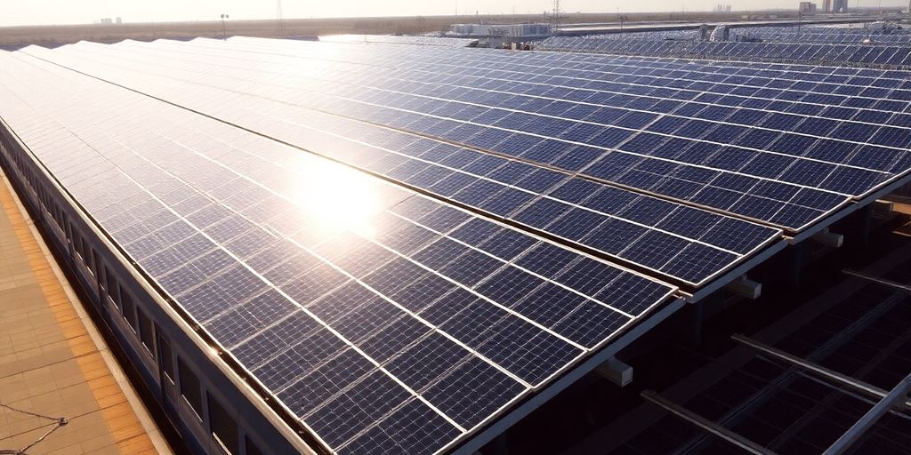 Panneaux solaires sur un toit de gare SNCF.