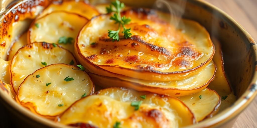 Aardappelgratin met romige saus in een ovenschaal.