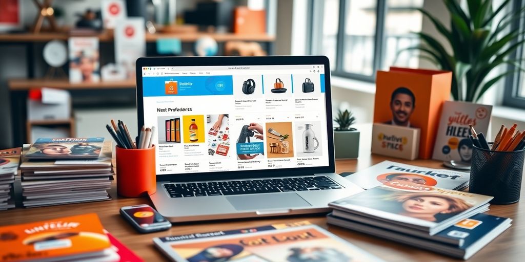 Vibrant workspace with laptop and product samples.