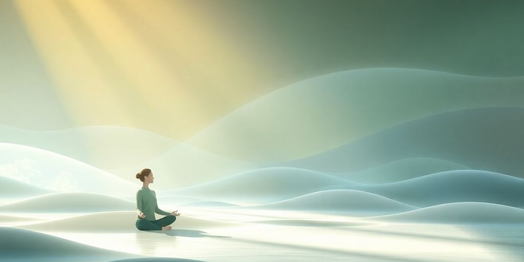 Person meditating amidst calming waves of light.