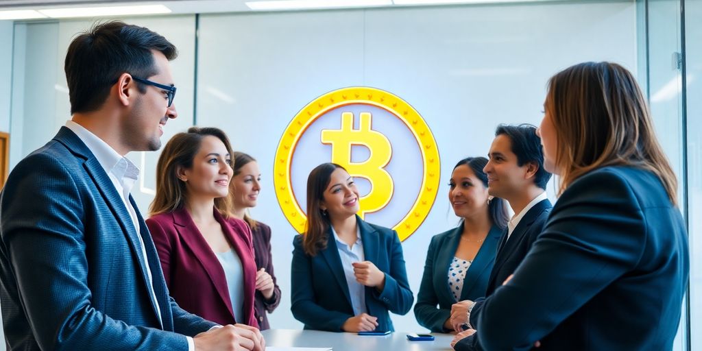 Businesspeople discussing cryptocurrency in a professional setting.