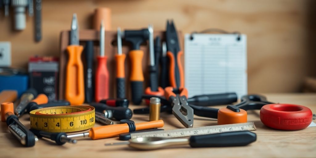Toolkit with essential installation tools on a workbench.