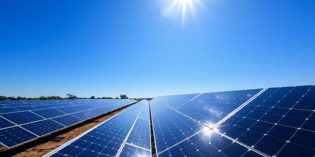 Panneaux solaires sous un ciel bleu lumineux.