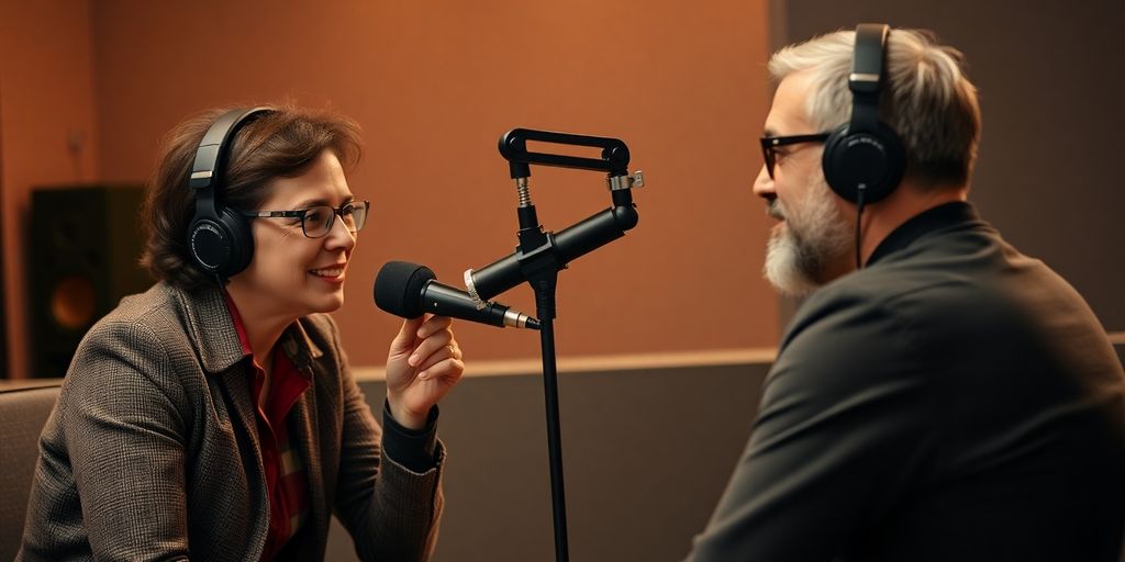 Podcast host interviewing guest.