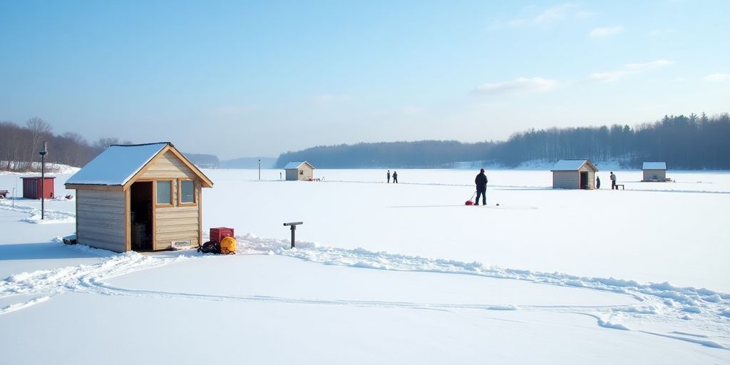 Winter scene of ice fishing on Red Lake, MN.