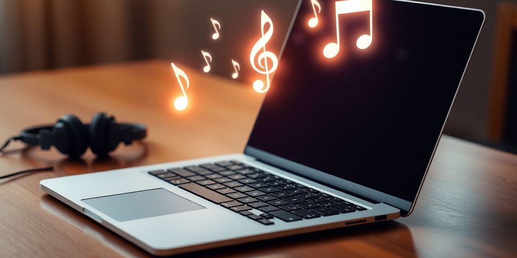 Laptop, headphones, and music notes floating