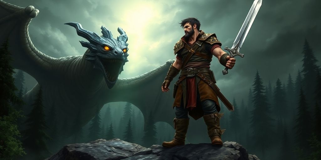 Gothic II protagonist stands armed, facing a dragon.