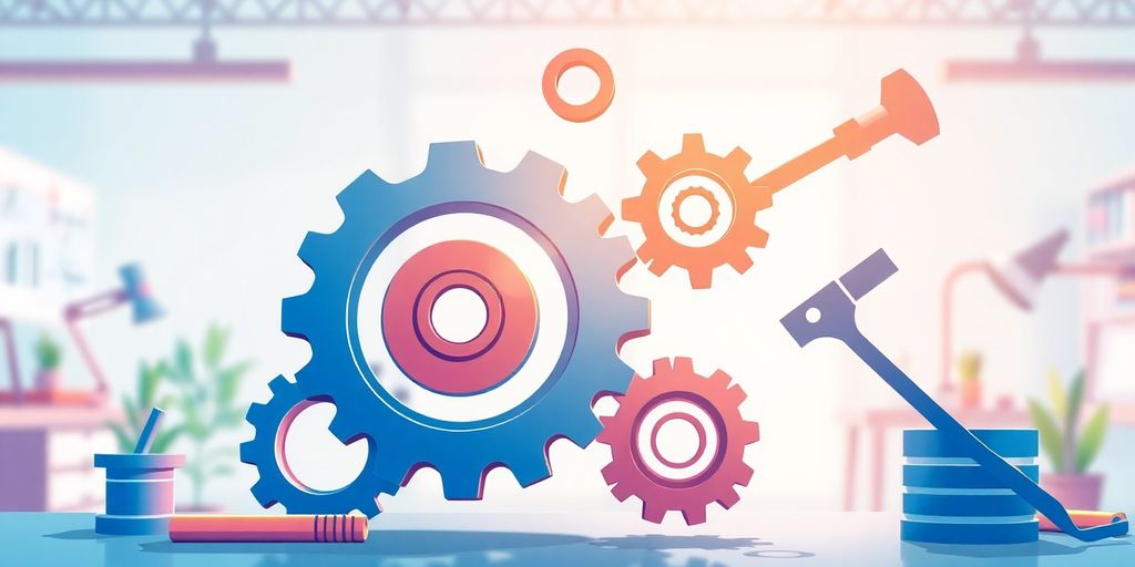 Illustrative image of gears in a modern workspace.