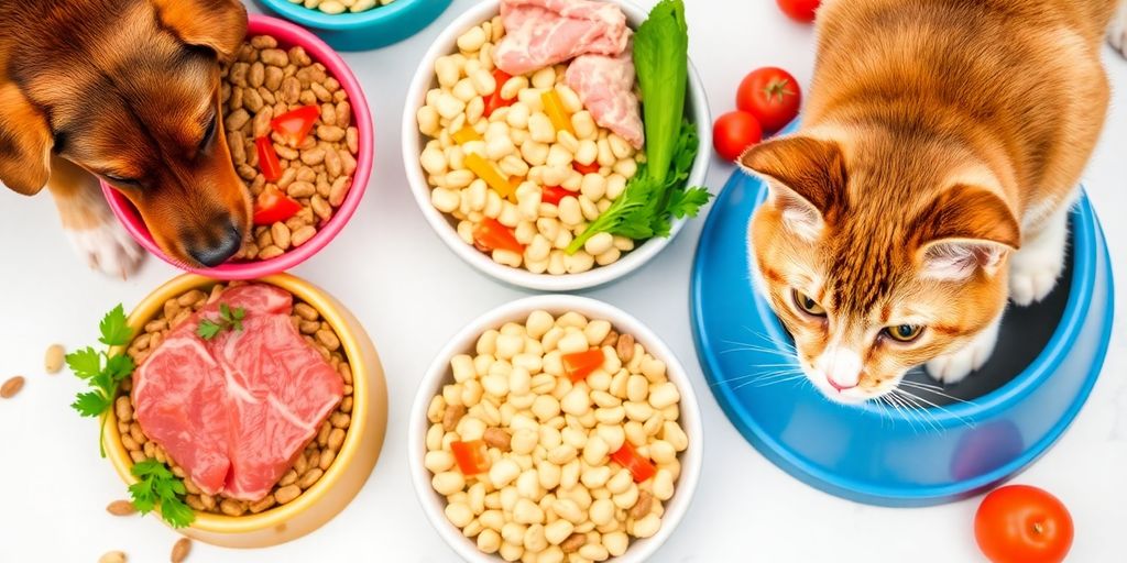 Dog and cat food bowls with fresh ingredients.