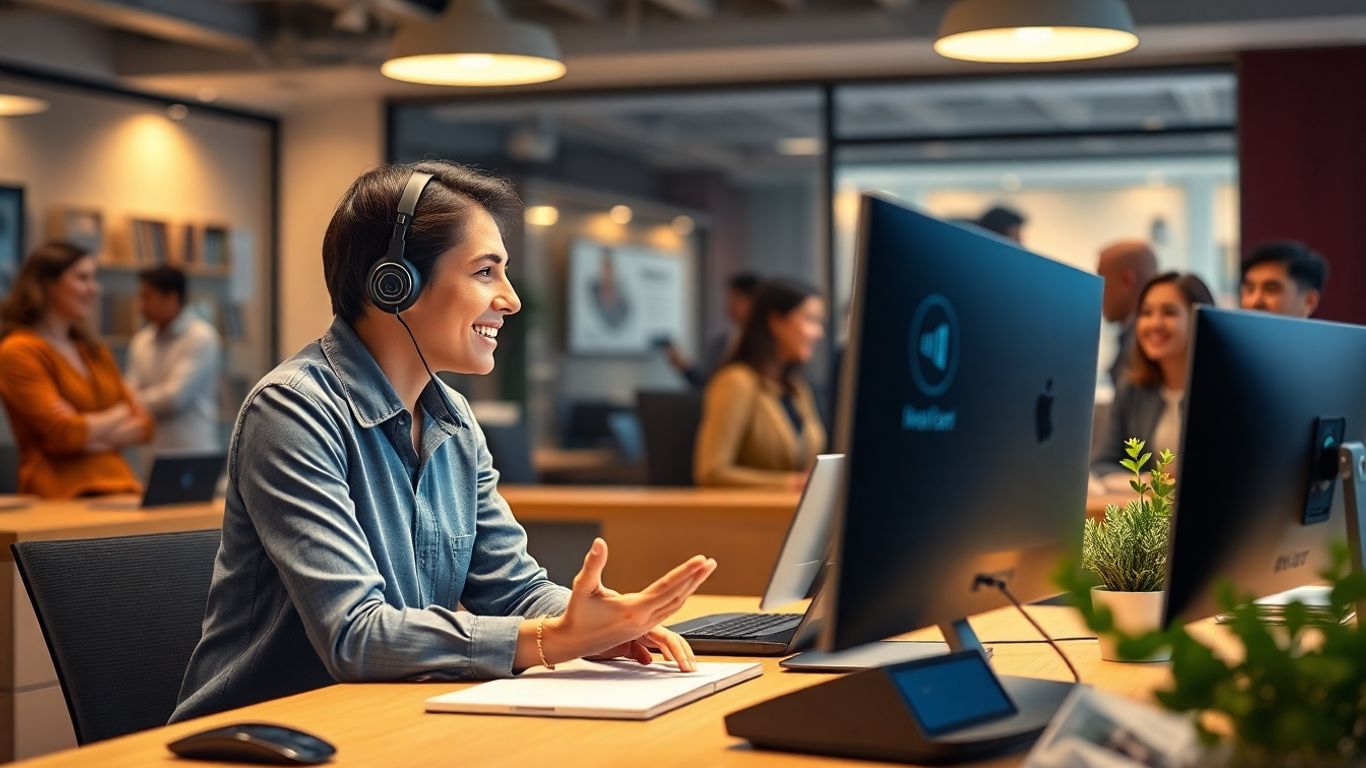 Customer service agent chatting with AI assistant in office