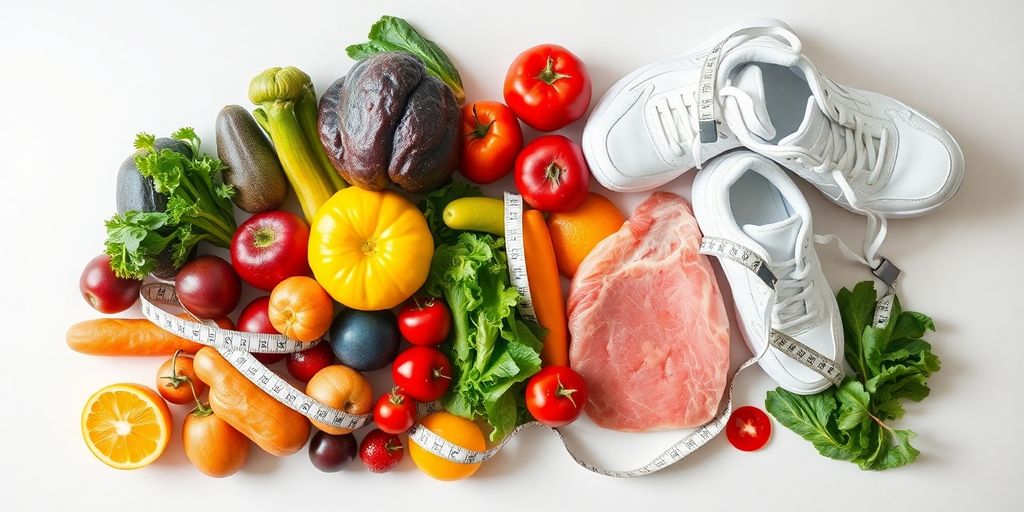 Nutritious food, measuring tape, and athletic shoes.