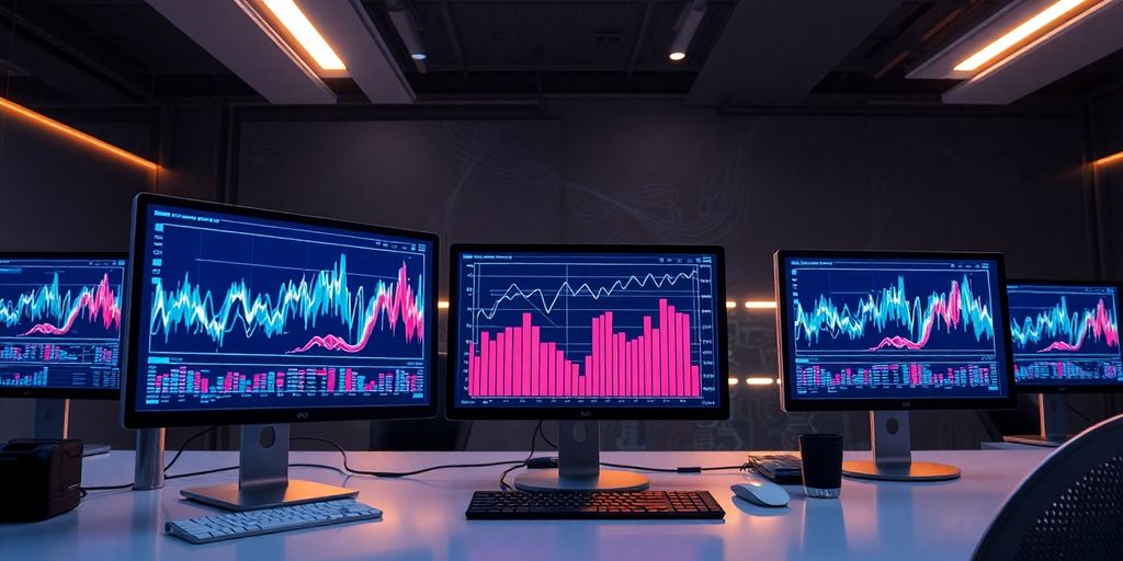 Futuristic workspace with advanced screens and AI elements.