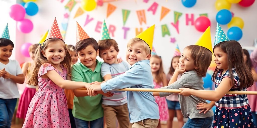 Children enjoying limbo game at a vibrant birthday party.