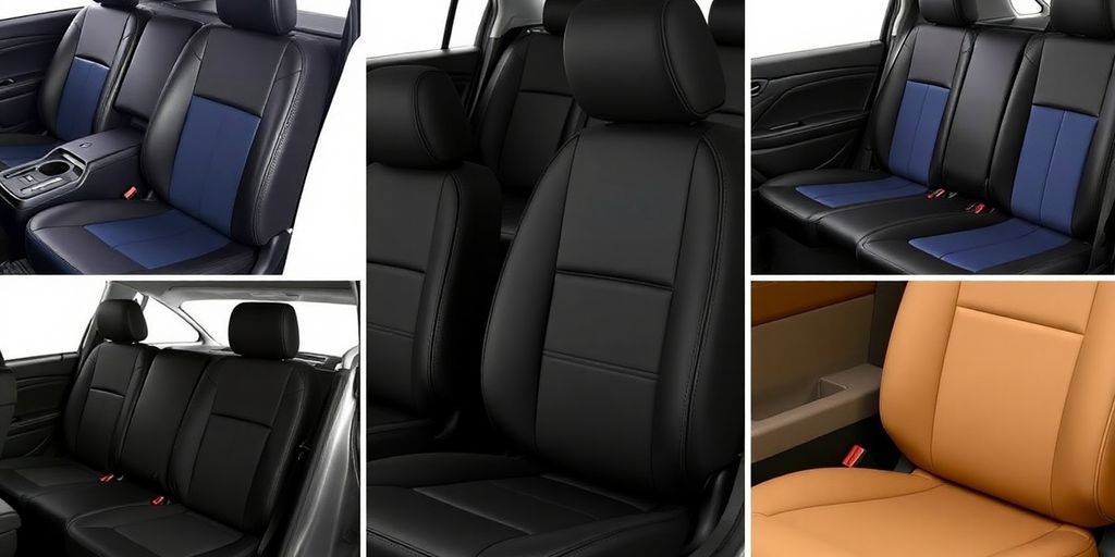 Car seat covers in various materials and colors.